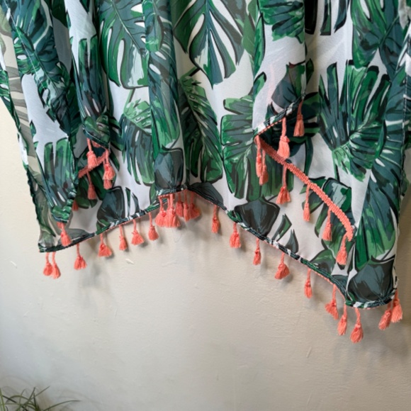 Monstera Palm Print Tropical Botanical Pattern Tassel Sheer Open Front Kimono - Picture 6 of 11